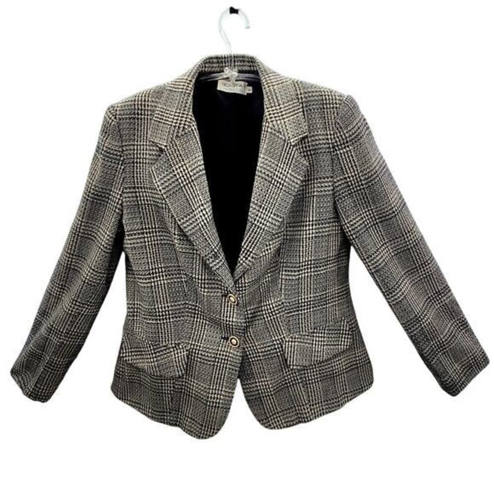 Della Spiga Vintage 80s Tweed Plaid 2 Metal Button Ladies Corpcore Blazer Jacket